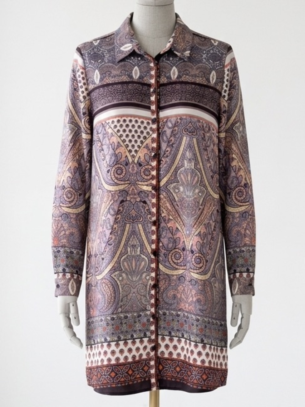 AX Paris| Lavender/Tan Satin Paisley Button-Front Long Sleeve Tunic Blouse Sz 10
